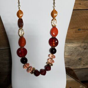 Chunky Amber & Cranberry Glass Bead Necklace | Autumn Statement Necklace | Gold